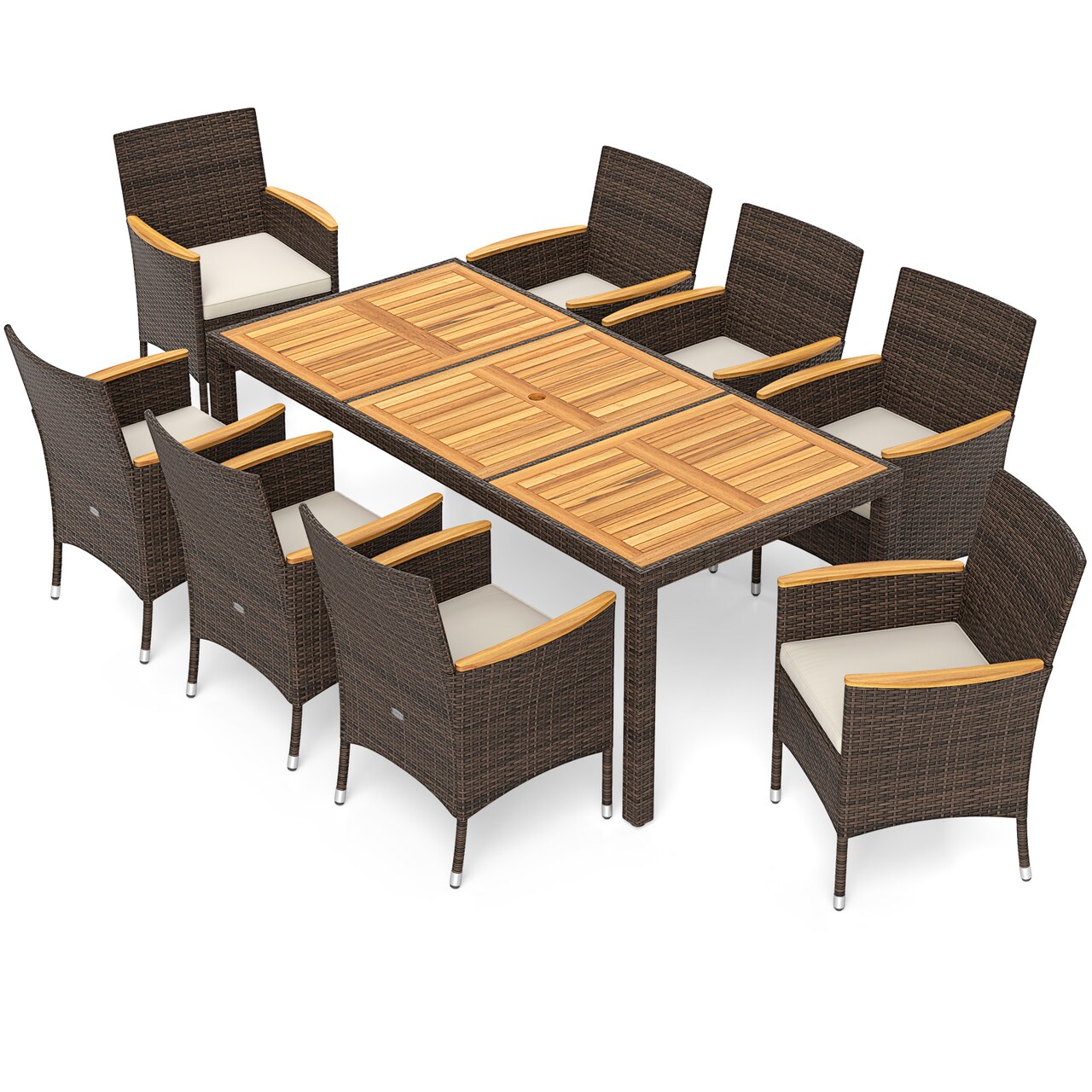9-Piece Outdoor Dining Set with Solid Acacia Wood Table, Mix Brown PE Rattan Chairs